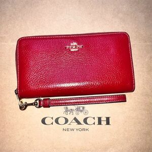 COACH Long Zip-Around Leather Wallet Red w Gold Hardware AUTHENTIC